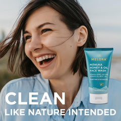 MELORA skincare routine shot after wash showing refreshed skin