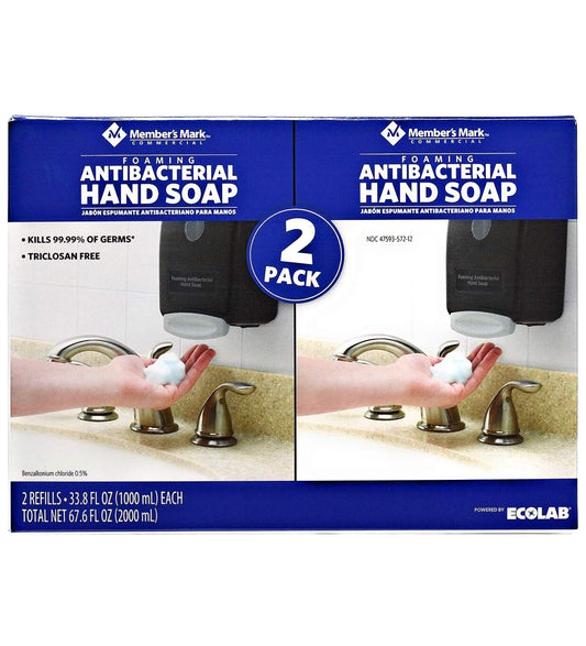 Members Mark antibacterial foaming hand soap refill 2-pack for busy areas.