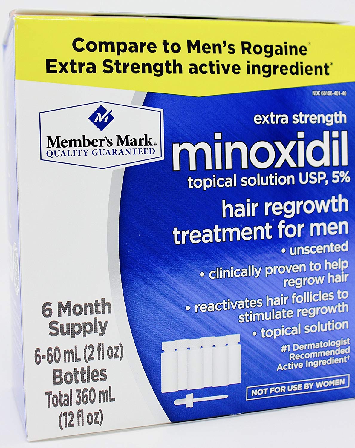 Member's Mark minoxidil topical solution bottle with applicator for vertex thinning support.