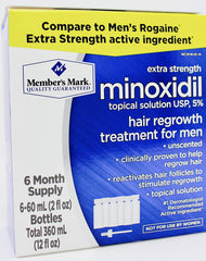 Member's Mark minoxidil topical solution bottle with applicator for vertex thinning support.