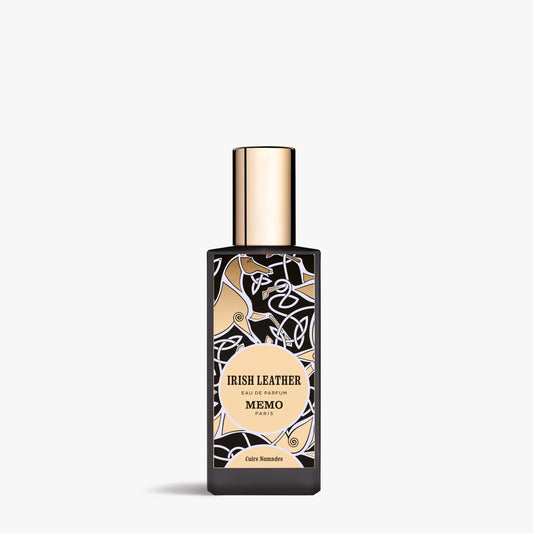 Memo Paris Irish Leather bottle closeup showing premium packaging and fragrance notes.