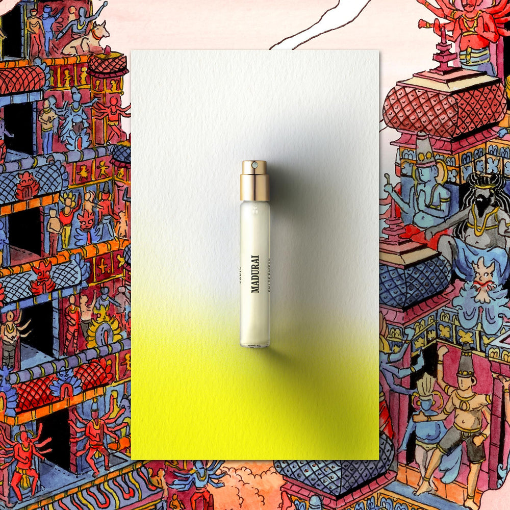 Memo Paris Madurai tuberose-citrus close-up suggesting a bright, complex scent profile.