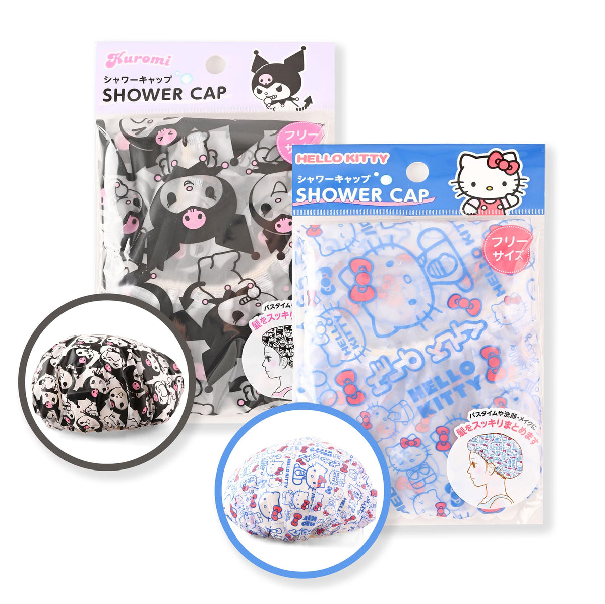 MENBLY Kitty & Kuormi-Bunny shower cap with Hello Kitty print protects hair during showers.