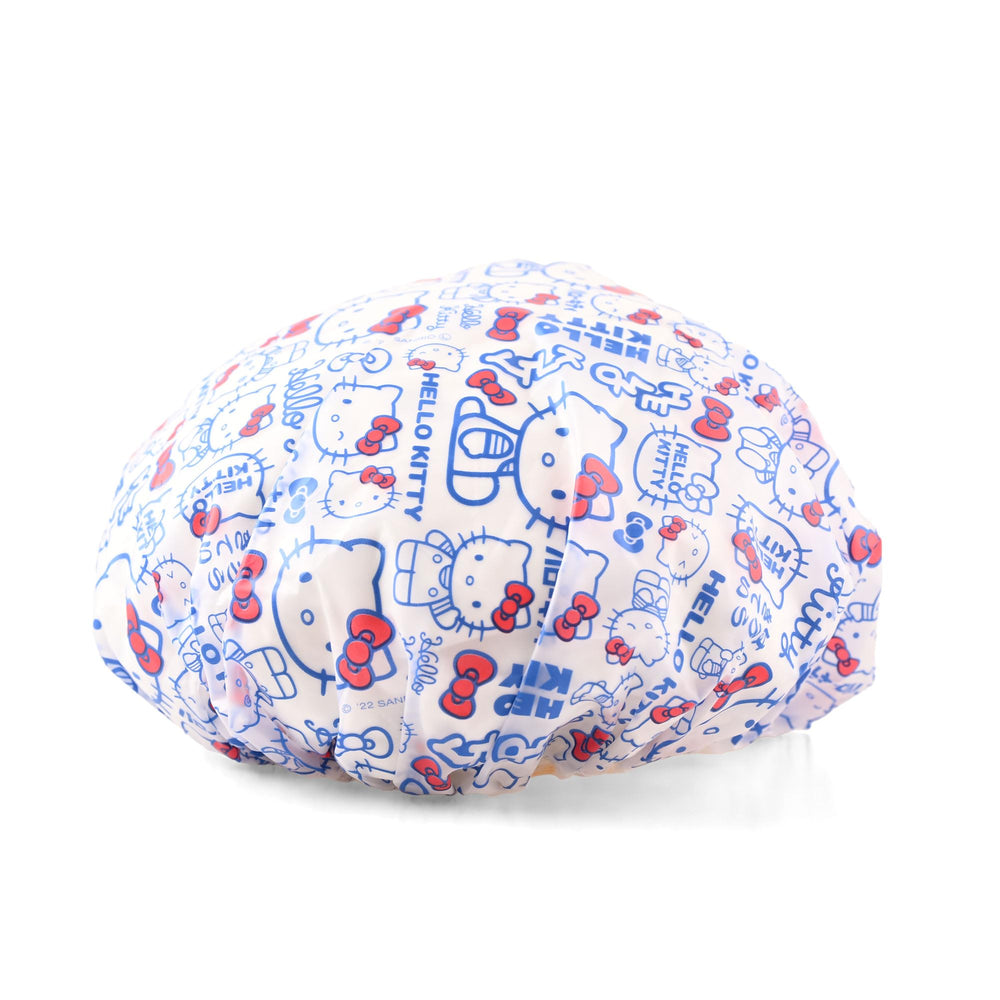 MENBLY Kitty & Kuormi-Bunny shower cap featuring Kuromi-Bunny print shields hair from splashes during baths.