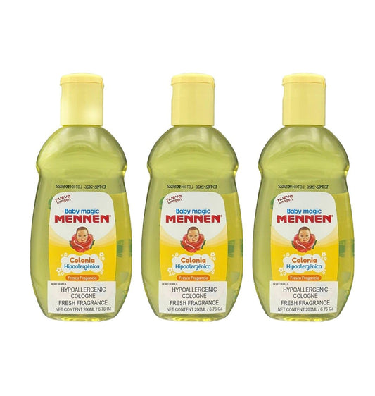 Mennen Baby Cologne front view showing compact bottle size for easy travel.