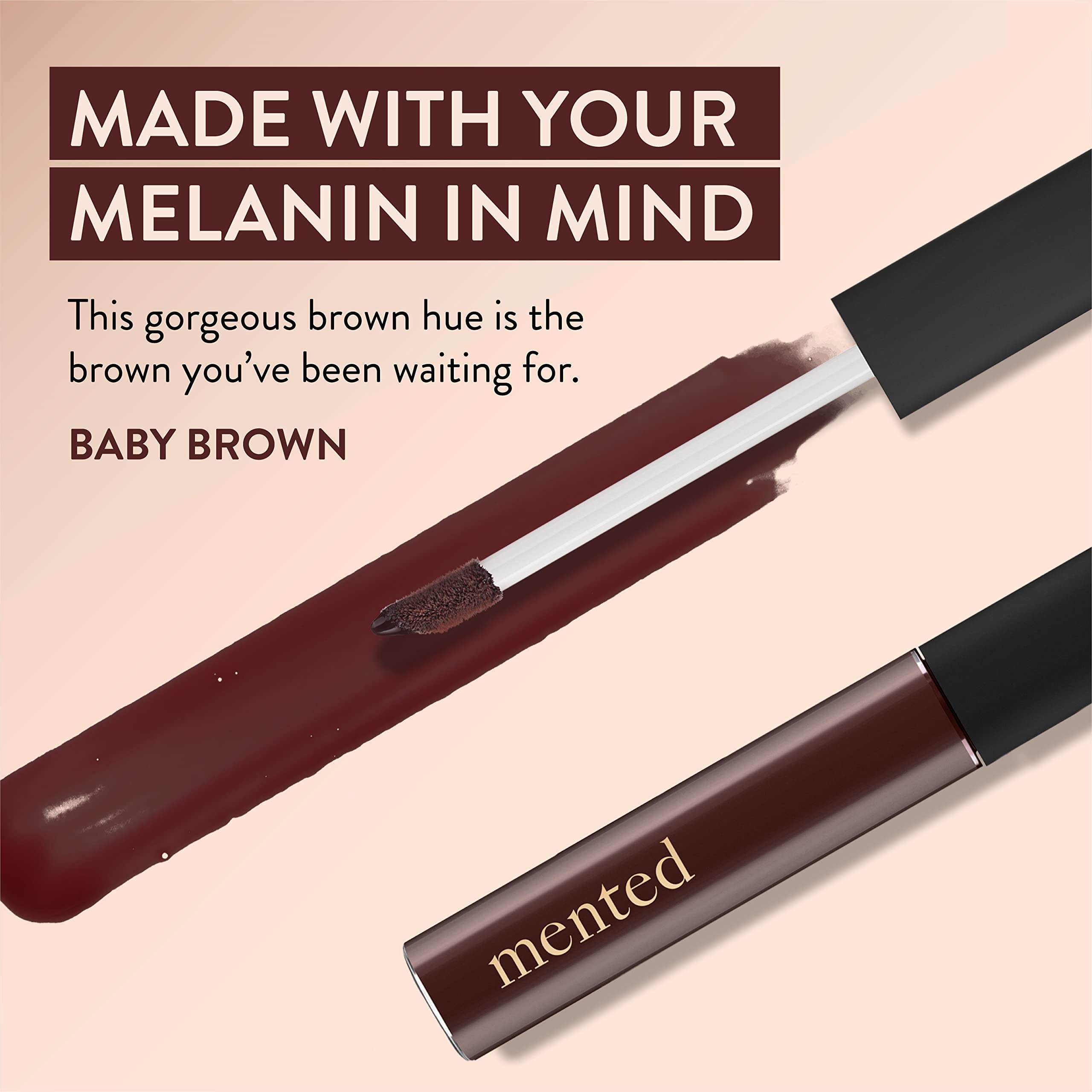 Closeup of Mented Baby Brown lip gloss cap showing sleek packaging