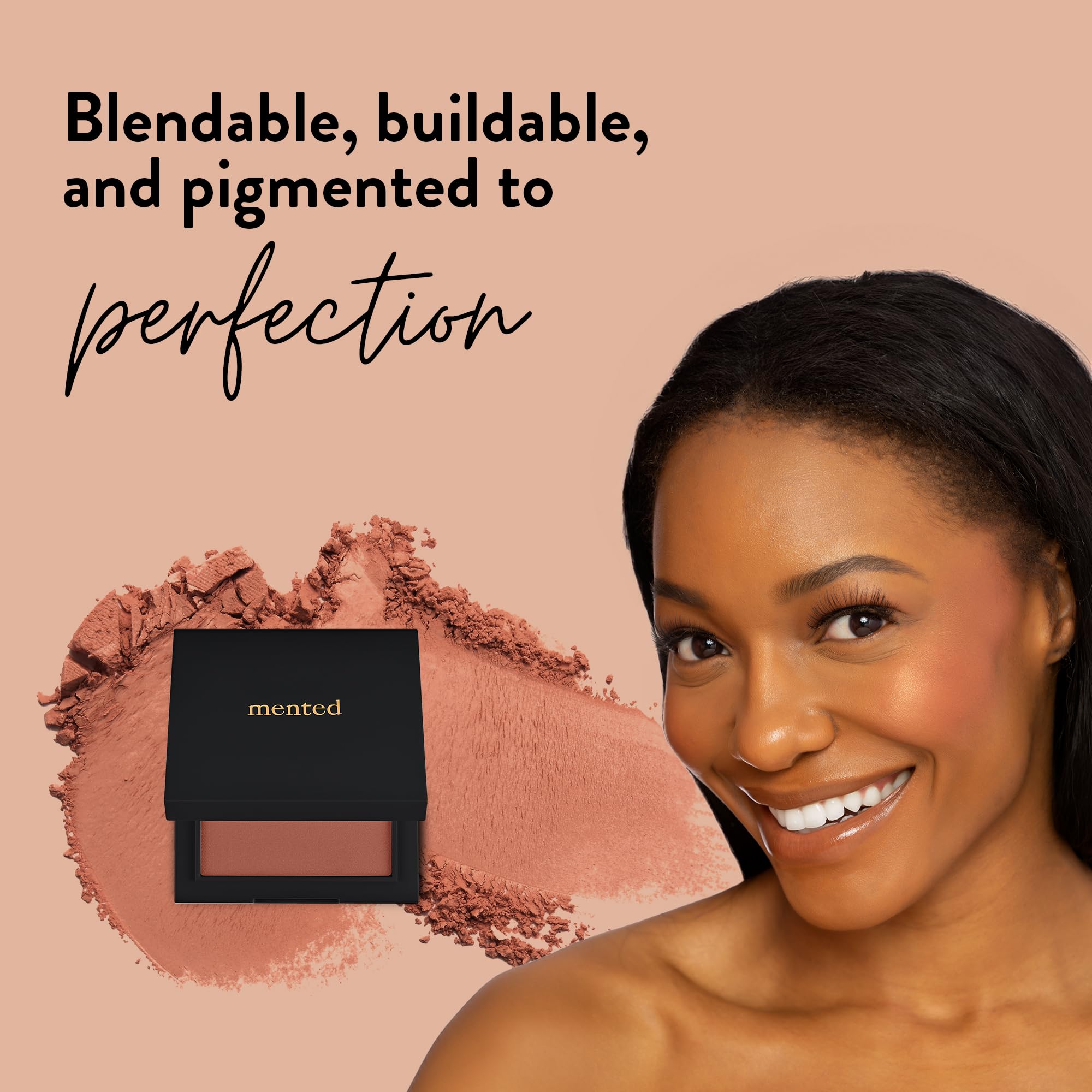 Mented blush palette on face illustrating buildable color and luminous finish.