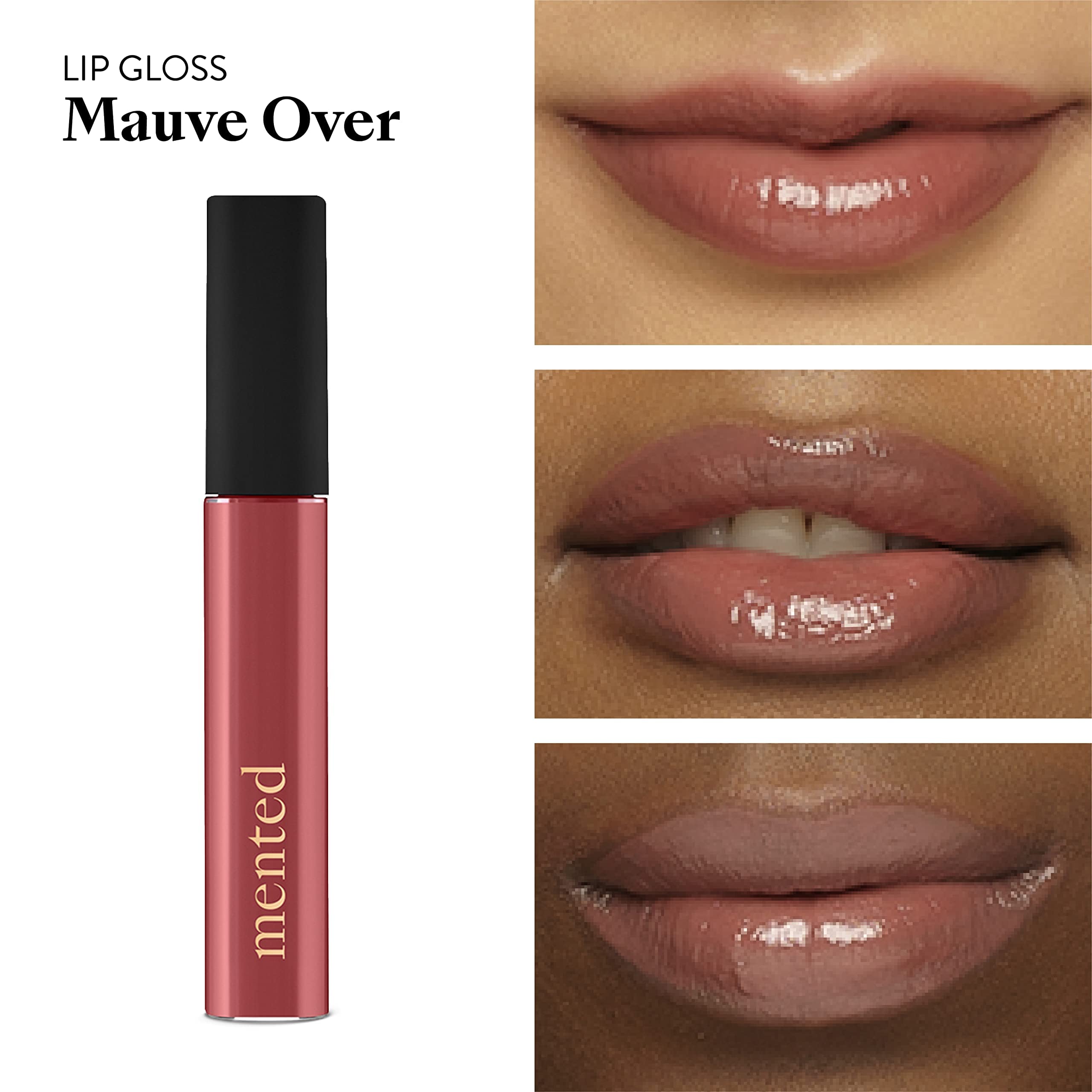 Mented Mauve Over lip gloss swatches on lips show deep pink color versatility.