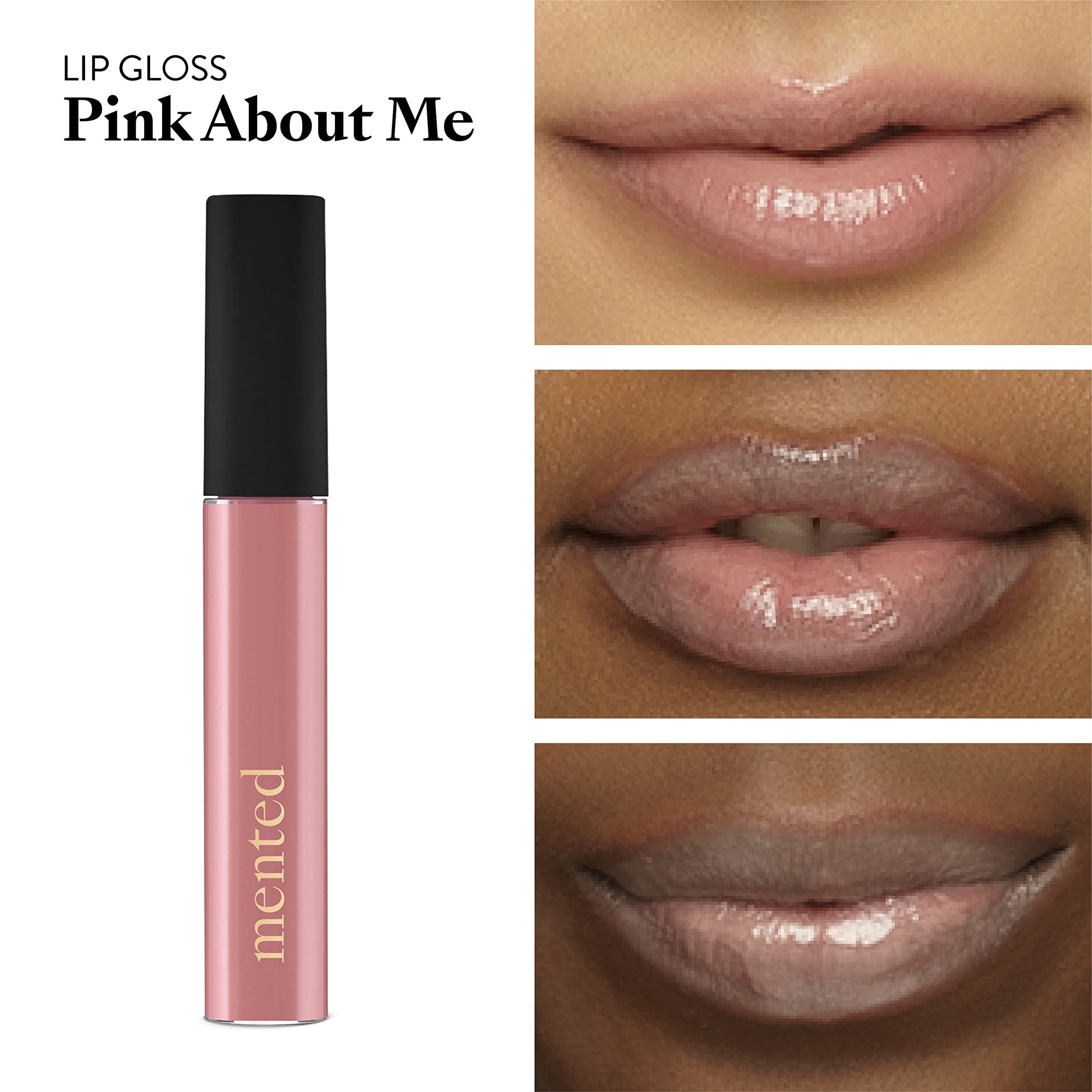 Mented Pink About Me lip gloss on lips for day-to-night versatility.