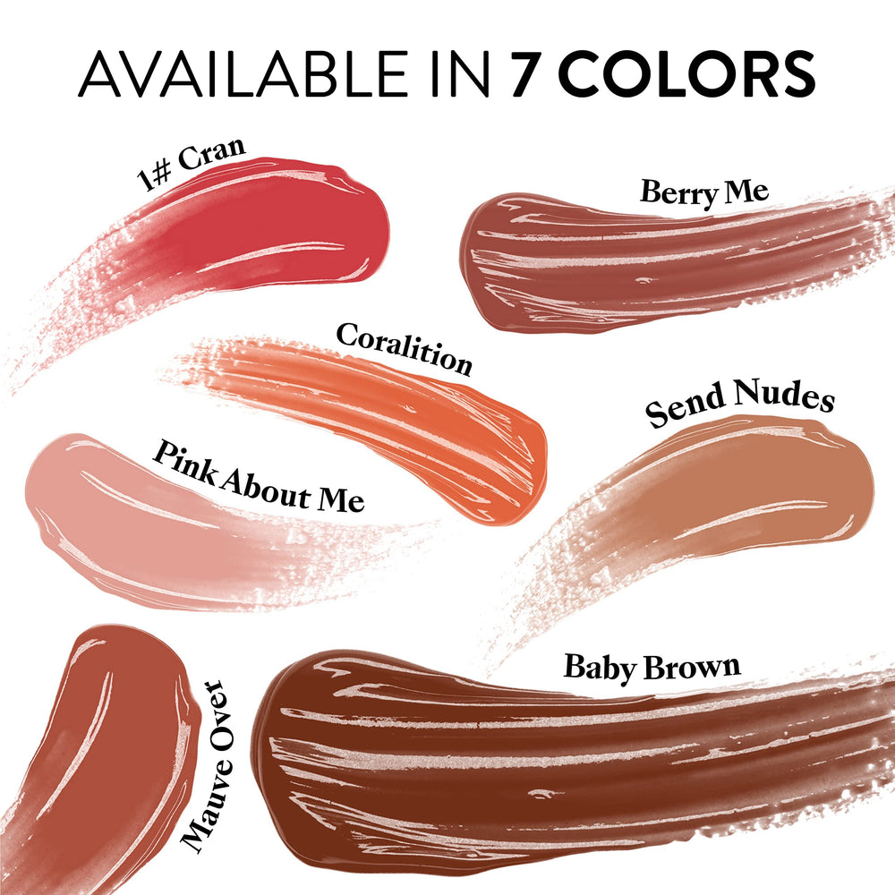 Mented Pink About Me lip gloss tube front highlighting vegan formula.