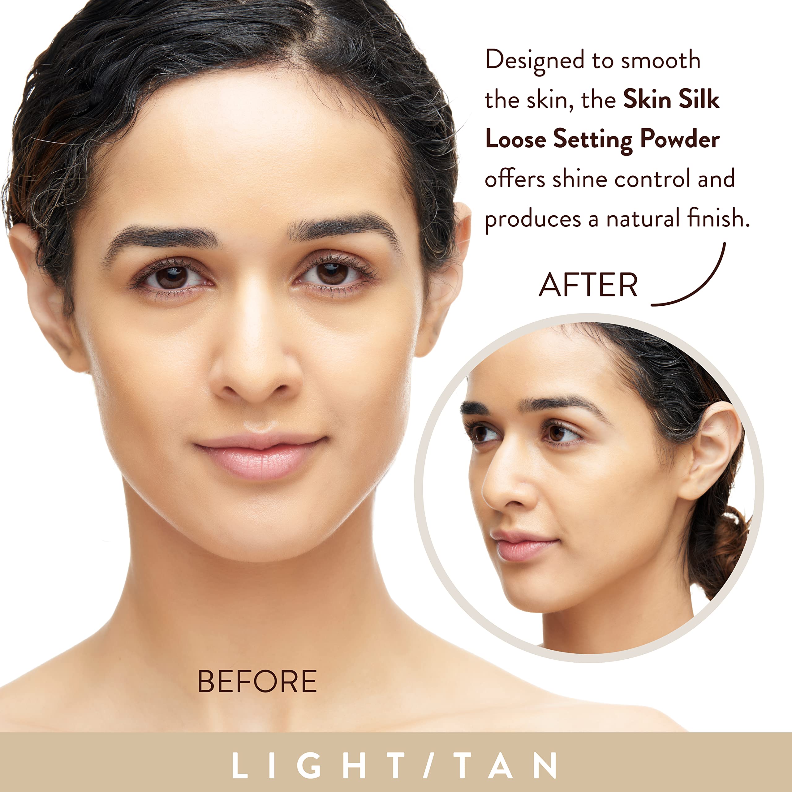 Mented setting powder swatch on skin shows natural, non-cakey finish.