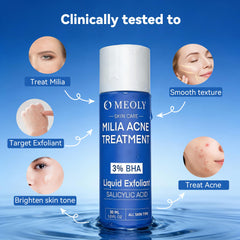 MEOLY Milia Remover bottle close-up shows convenient dropper for precise application.