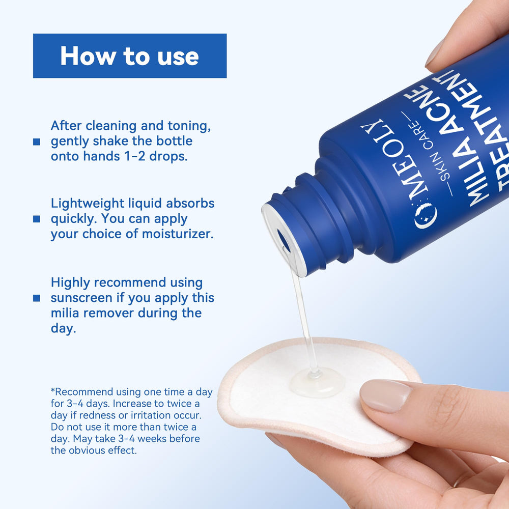MEOLY Milia Remover packaging and pump cap for easy, mess-free use.