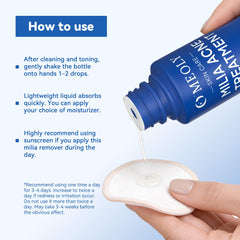 MEOLY Milia Remover packaging and pump cap for easy, mess-free use.