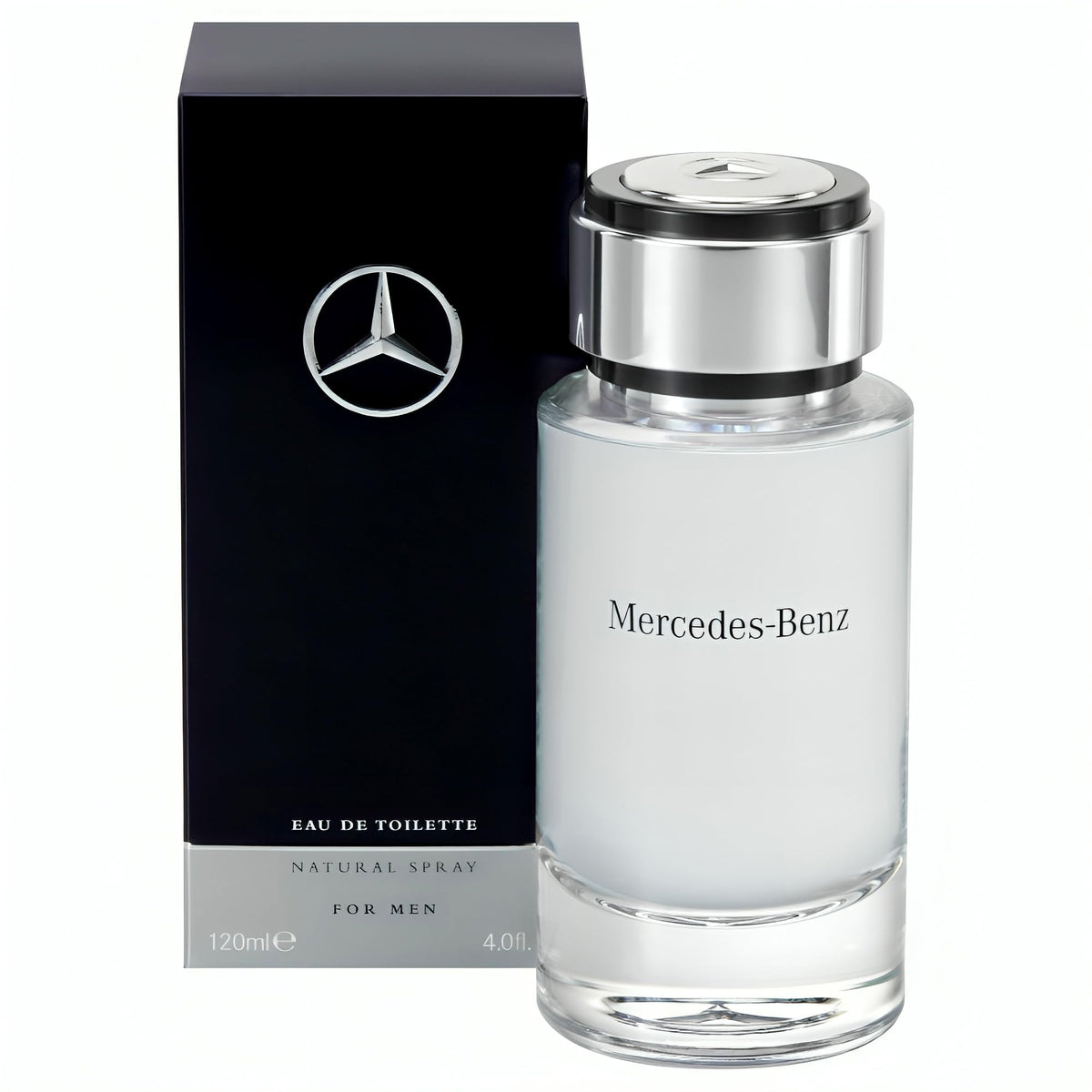 Mercedes-Benz For Men bottle front view showcasing sleek luxury design and confident aura.