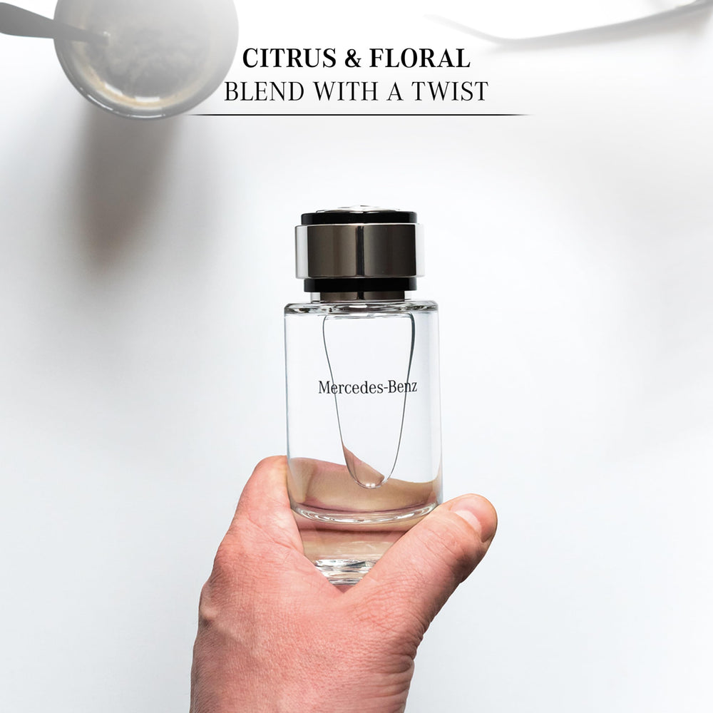 Mercedes-Benz For Men packaging close-up highlighting elegant box and unboxing experience.