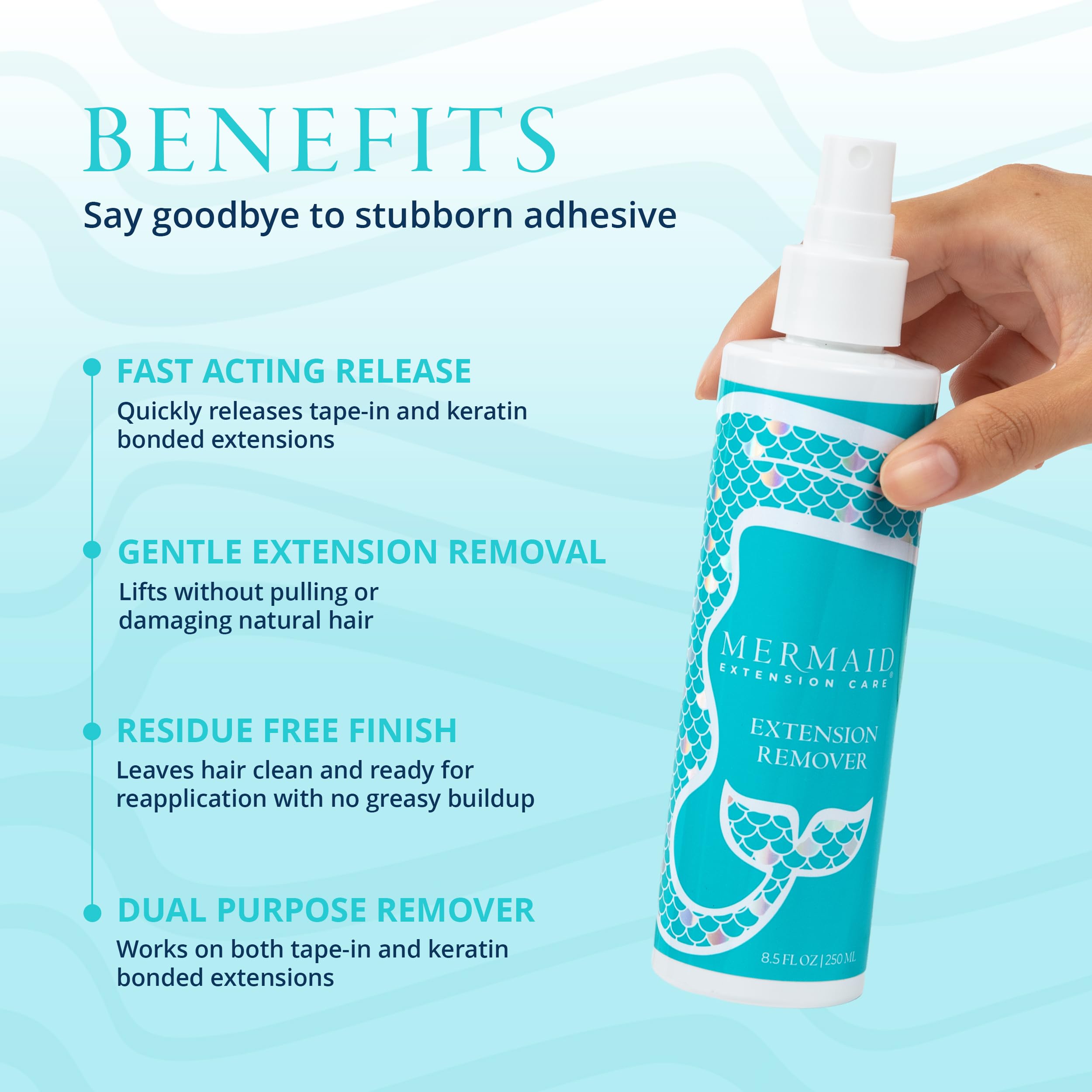 Mermaid Extension Care Extension Remover applied to tape-in extensions for gentle removal.