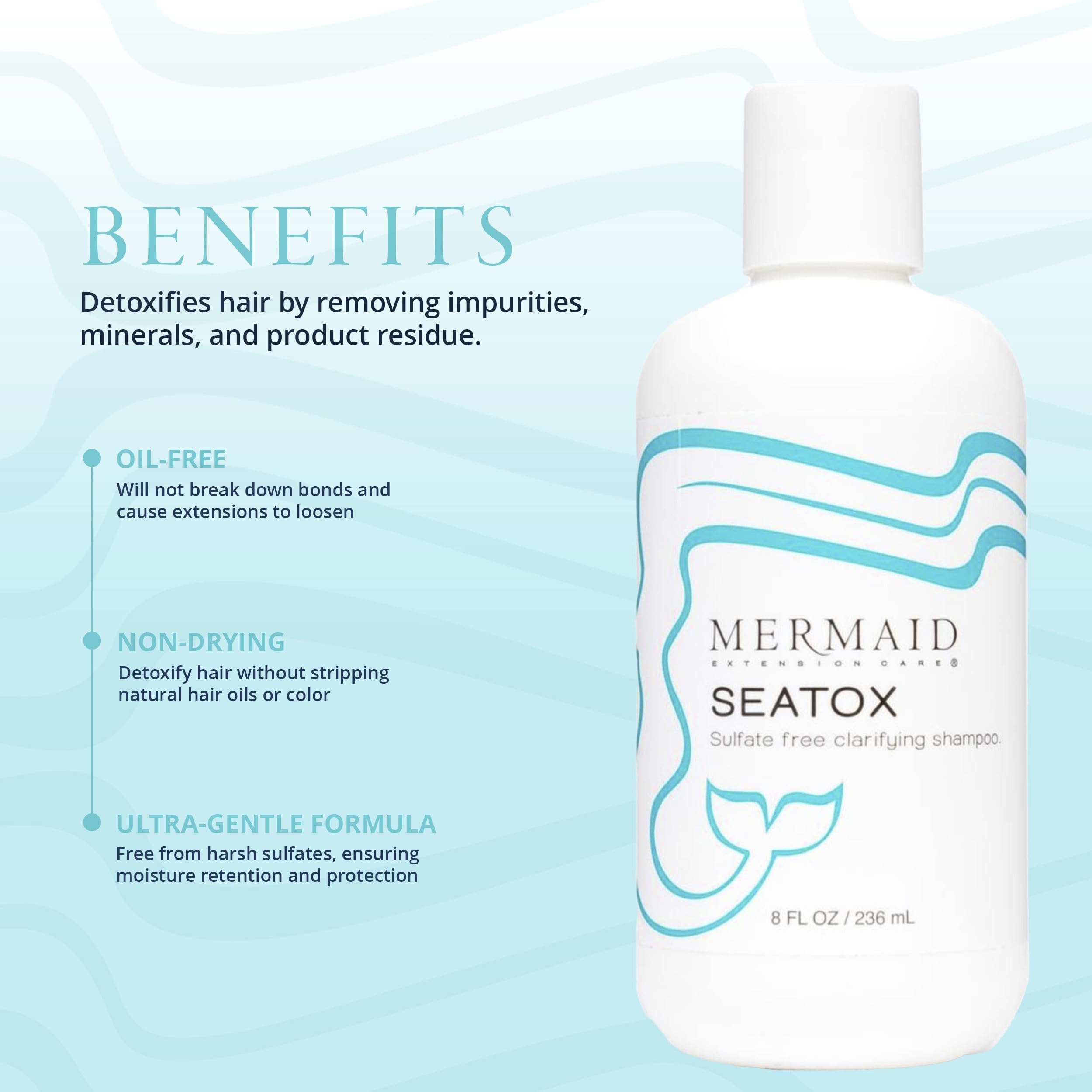 Mermaid Extension Care Seatox extension-safe formula on bottle ensures gentle cleansing.