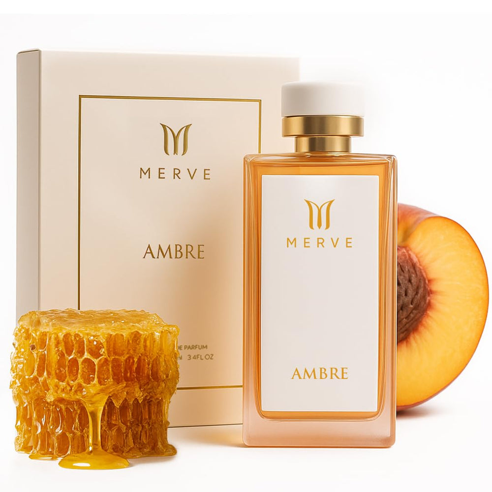 Merve Ambre bottle front view showcases luxury, ideal for daily wear.
