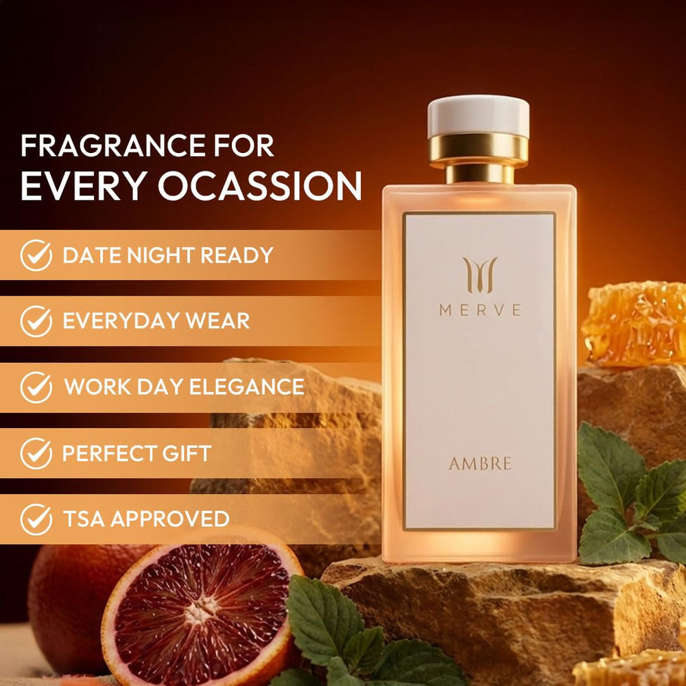 Merve Ambre box with bottle in a refined display.