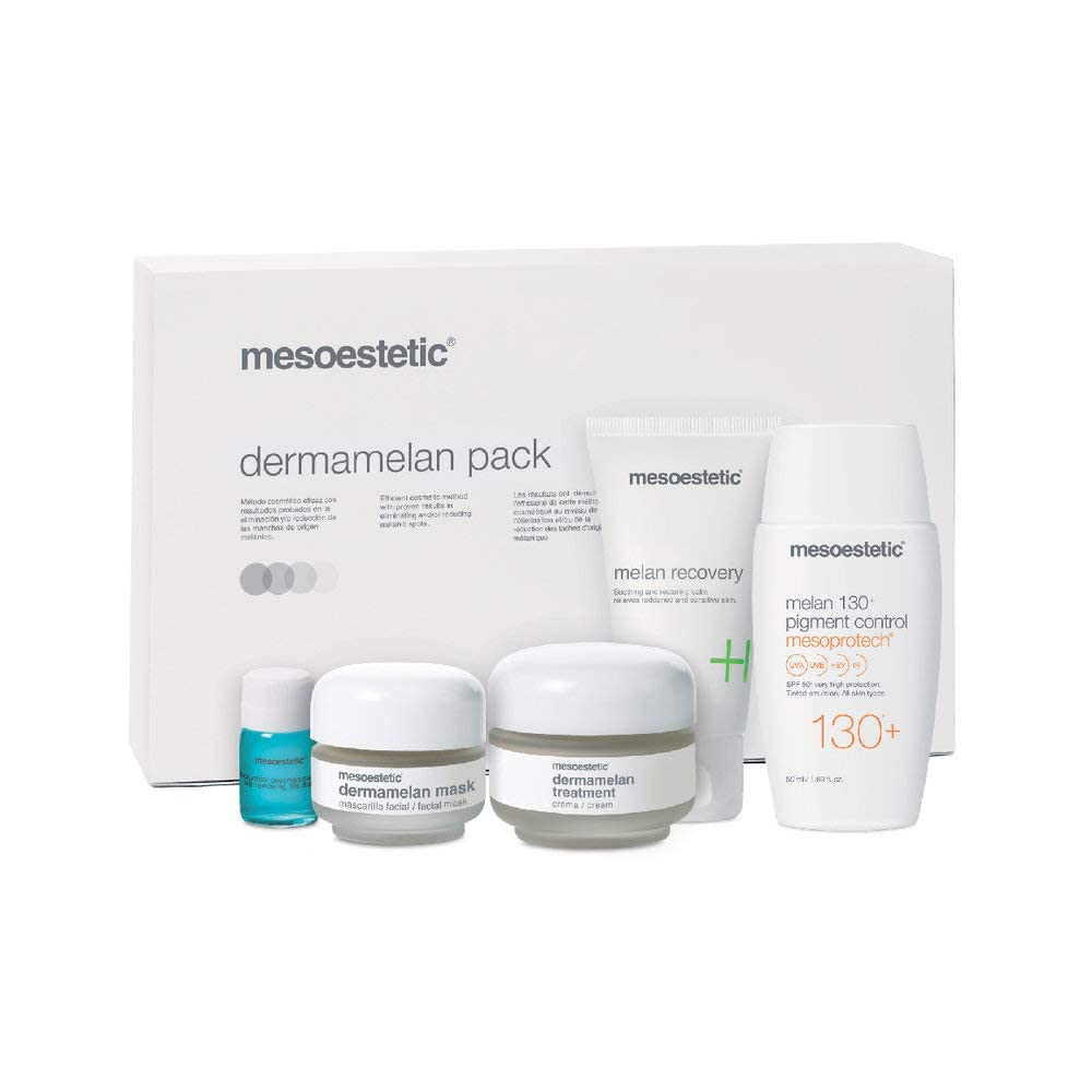 Mesoestetic Dermamelan bottle with label on counter ready for daily use.