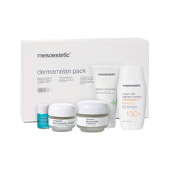 Mesoestetic Dermamelan bottle with label on counter ready for daily use.