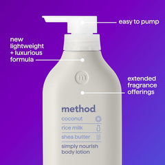 Method Simply Nourish bottle emphasizes 24-hour moisture for daily skin care.