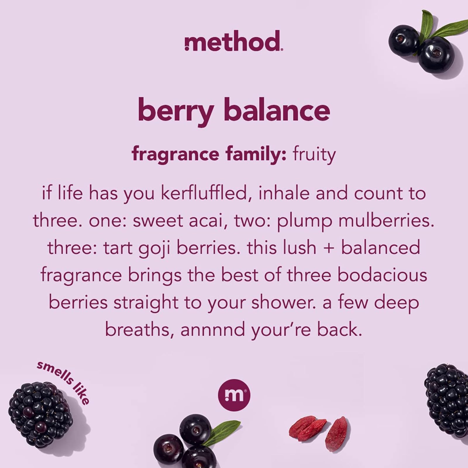 Method Berry Balance ingredients hint at acai, mulberry, and goji benefits for skin.