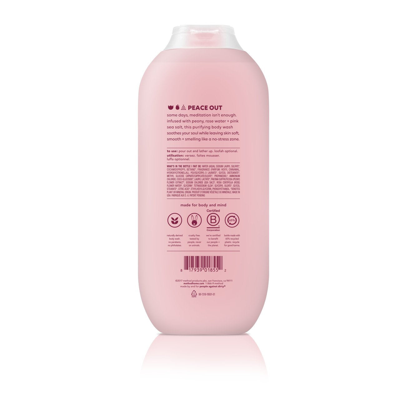 Method Pure Peace bottle back label highlighting ingredients and scent notes.