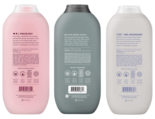 Method Body Wash Sampler Bottles on display present Pure Peace, Sea and Surf, Simply Nourish