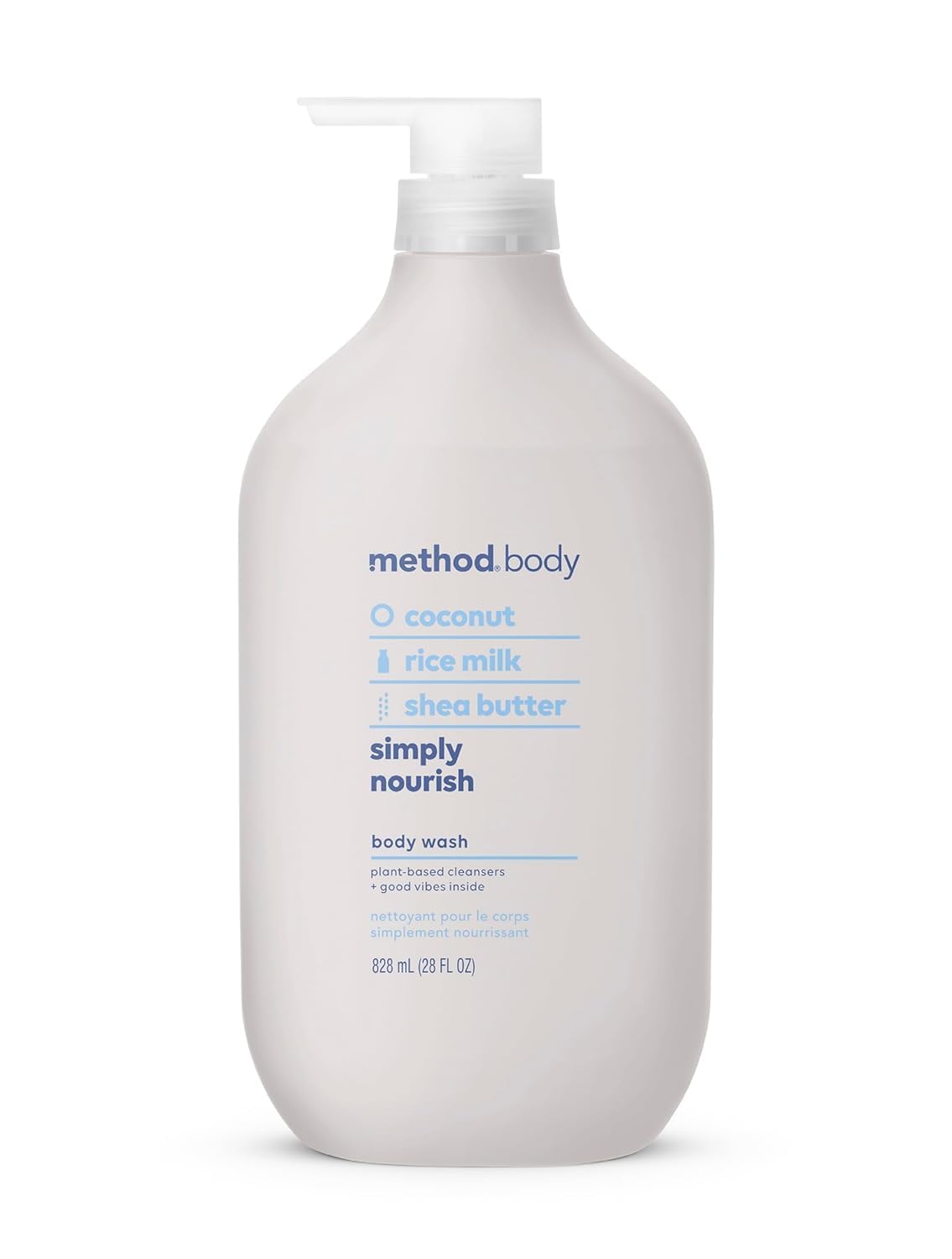 Method Simply Nourish bottle on bathroom shelf for daily cleansing with coconut and shea