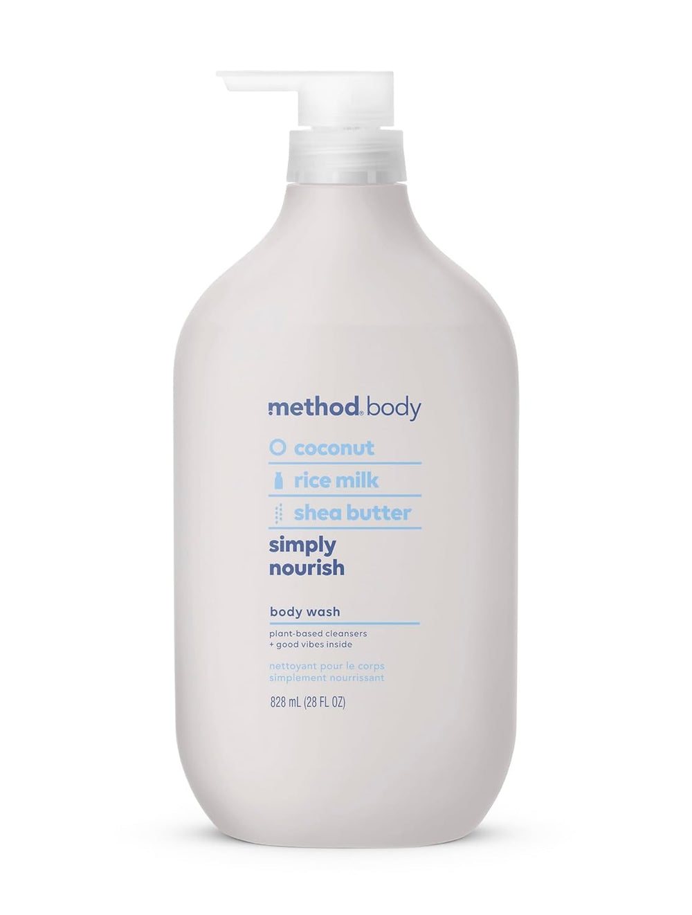 Method Simply Nourish bottle on bathroom shelf for daily cleansing with coconut and shea