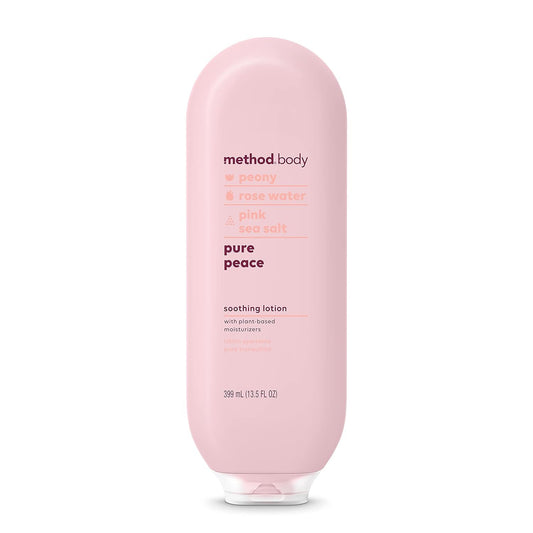 Close-up of Method Daily Lotion Pure Peace bottle highlighting clean packaging