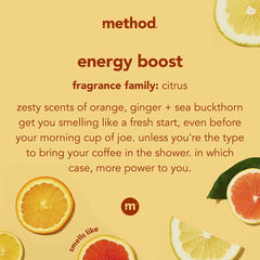 Method Energy Boost 3-pack PCR bottle packshot communicates recycled materials and cruelty-free promise