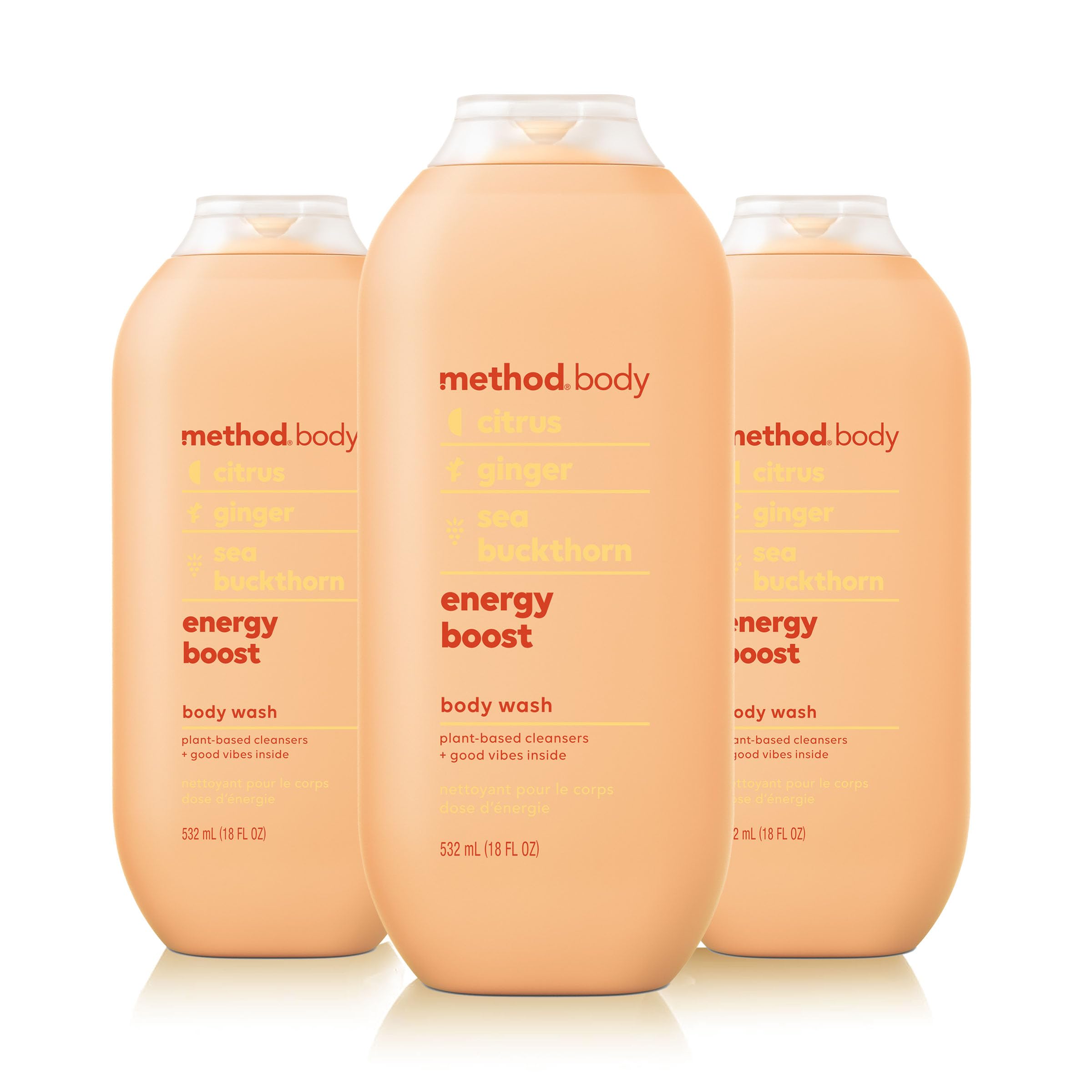Method Energy Boost bottle-pour shows citrus-ginger scent for an energizing shower