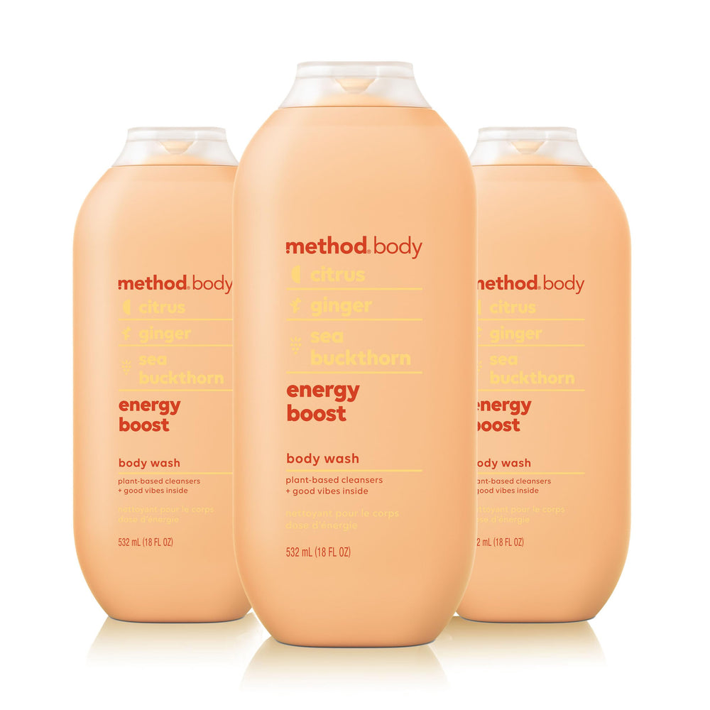 Method Energy Boost bottle-pour shows citrus-ginger scent for an energizing shower