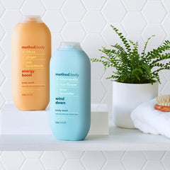 Method Energy Boost shower-scene suggests moisturized, soft skin with uplifting citrus-ginger scent