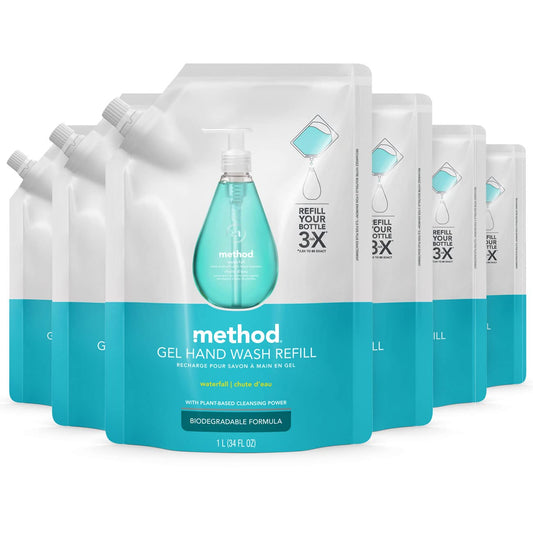 Method Waterfall refill pouch showing eco packaging and plant-based cleansing for hands.