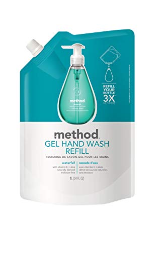 Method Waterfall bottle label close-up emphasizing a soft, fragrant hand wash.