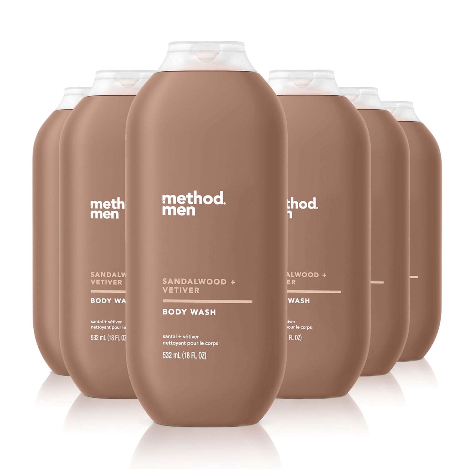 Method Men Body Wash sandalwood vetiver bottle front for a refreshing morning shower.