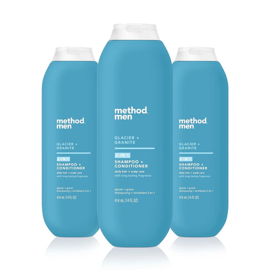 Method Men Glacier + Granite bottle packshot highlighting the 2-in-1 formula