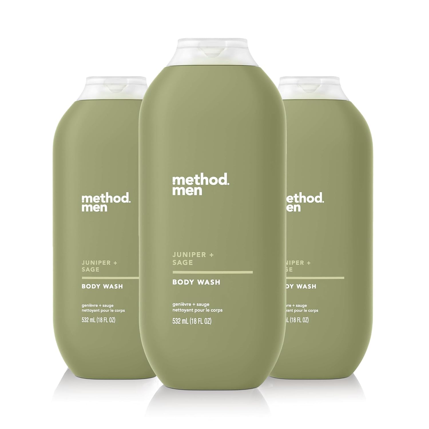 Three-pack Method Men Juniper + Sage Body Wash for daily cleansing.