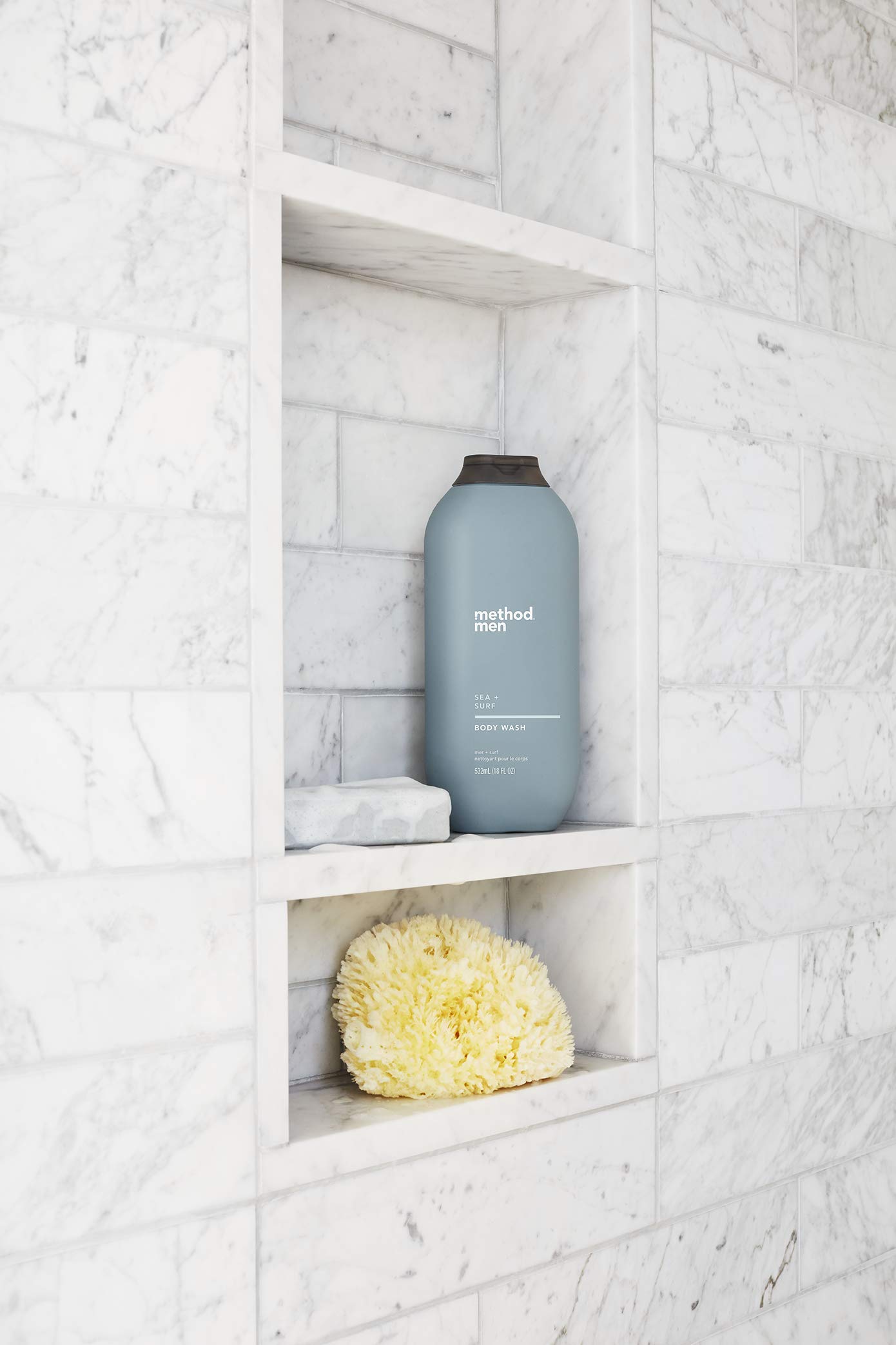 Method Men Juniper + Sage bottle on shelf, energizing scent for morning routine