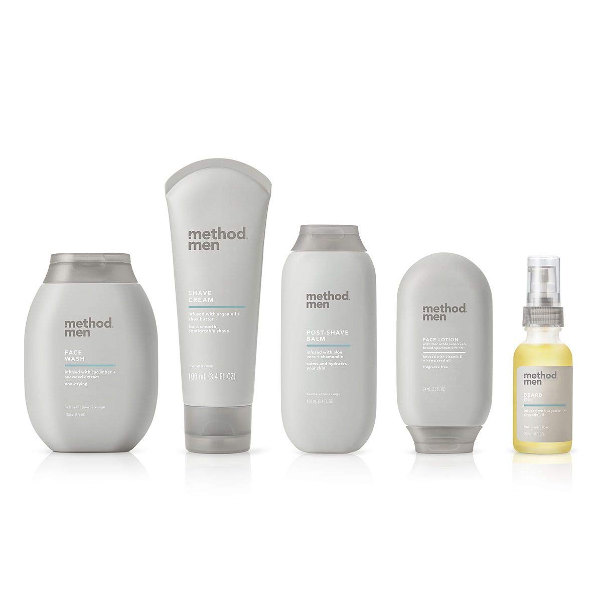 Method Men post-shave balm sea surf fragrance bottle in hand.