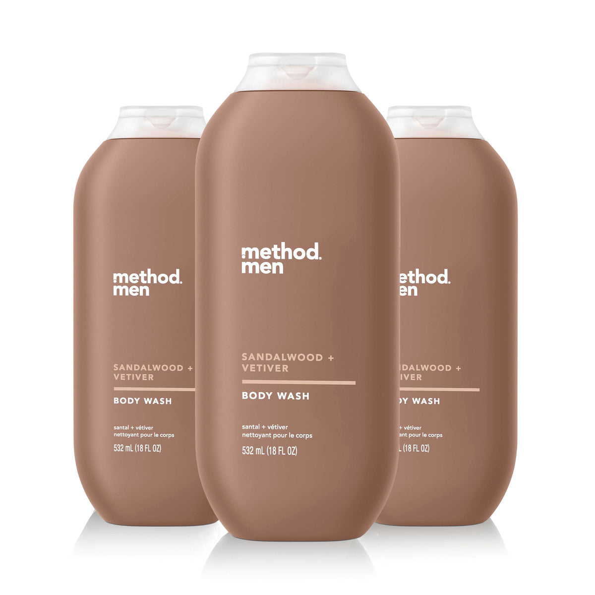 Method Men Sandalwood and Vetiver bottle closeup for a daily refreshing cleanse