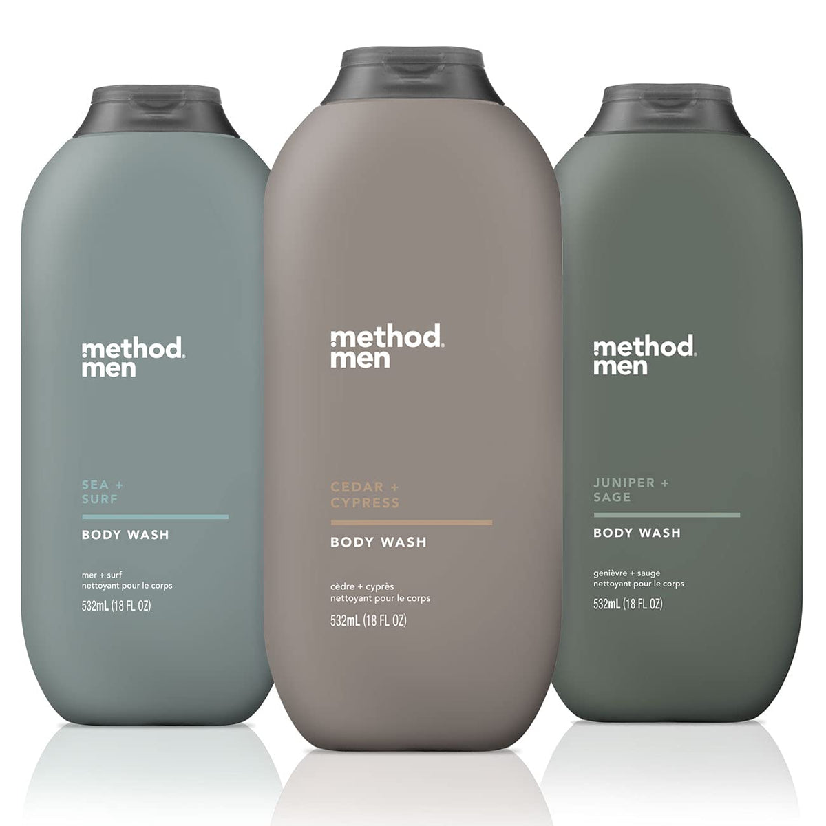 Method Men Sea + Surf bottle on shower shelf, refreshing cleanse after workouts