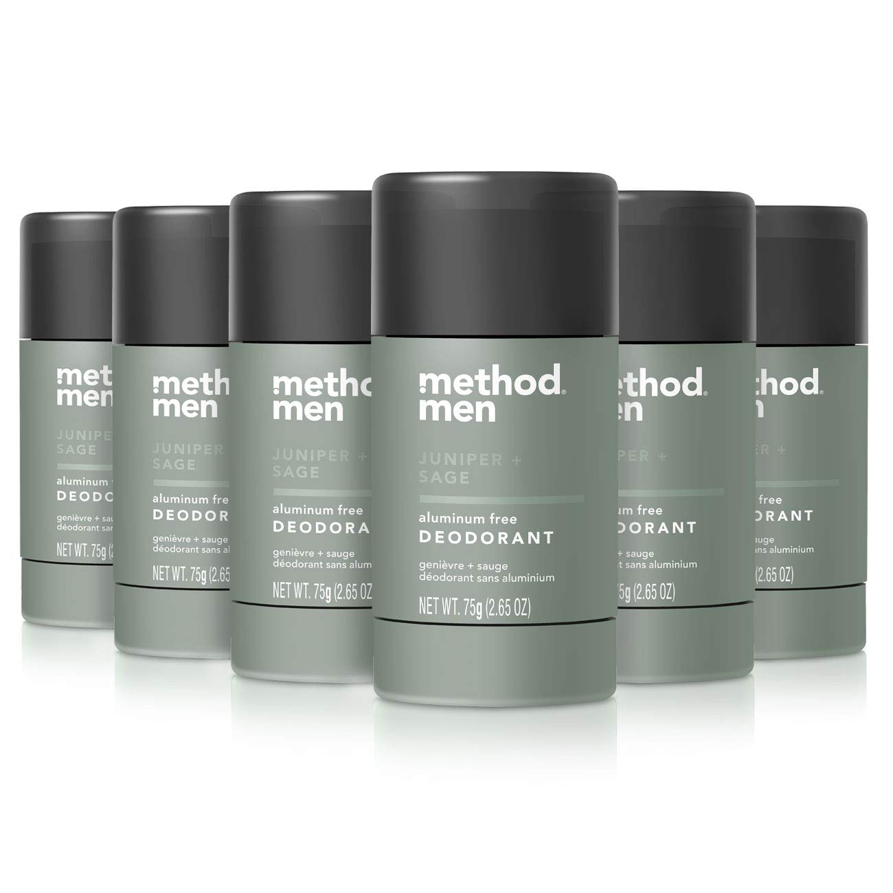 Method men's juniper sage deodorant pack of six aluminum-free sticks.