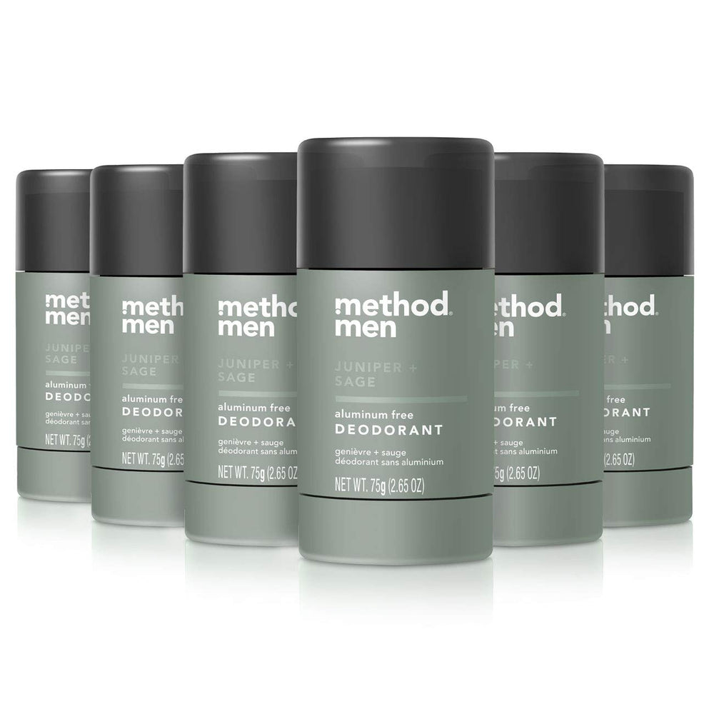 Method men's juniper sage deodorant pack of six aluminum-free sticks.
