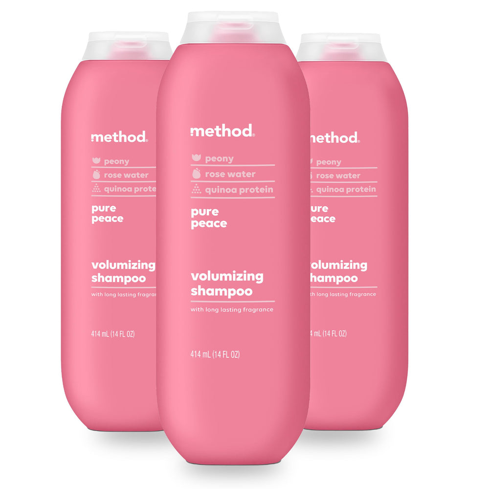 Method Pure Peace shampoo bottle displays color-safe, sulfate-free formula for vibrant color