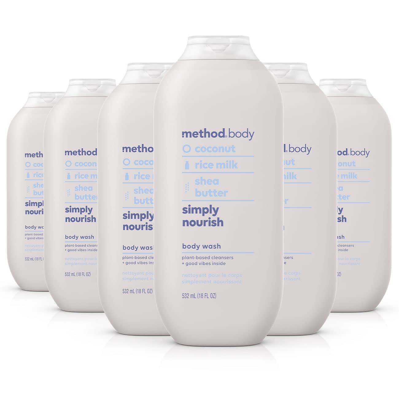 Method Simply Nourish body wash bottle front, coconut fragrance and moisturizing feel.